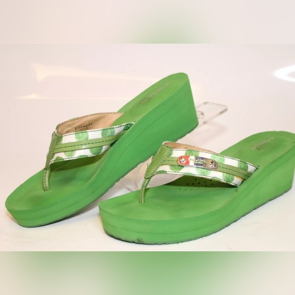 Coach Jaden 7.5 Green Printed Sandals Wedge Flip Flops Heels Shoes - Picture 5 of 14